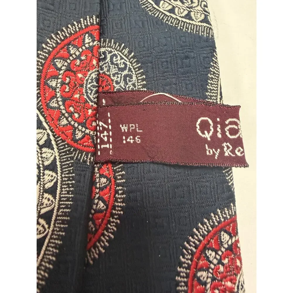 Vintage Medallion Print Wide Tie Navy Red Cream Qiana by Regal Nylon